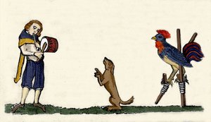 Animaux dressés : un chien et un coq dansent sur des échasses au rythme du tambour. Gravure d