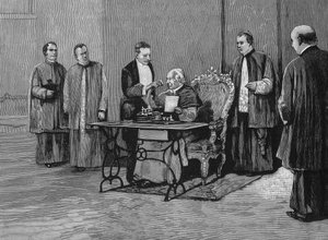 Le pape Léon XIII (1810-1903) envoie son message du jubilé, enregistré par phonographe, au peuple américain. Gravure du 19ème siècle.