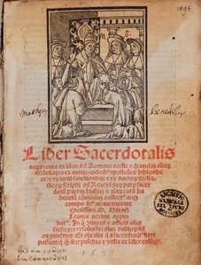 Le Pape Léon X reçoit le livre Frontispice du livre de liturgie Liber Sacerdotalis par Castellini