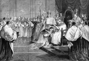 Le pape Pie IX remettant le chapeau de cardinal au prince Lucien Bonaparte en 1868.