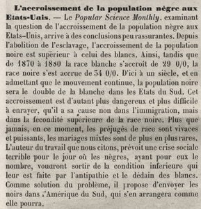 Croissance de la population aux États-Unis : commentaire raciste dans le livre selon un article de Popular Science Monthly. Préoccupé par l