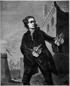 Portrait de David Garrick (1717-1779), comédien anglais, en Hamlet de Shakespeare. Gravure par Wilson dans « Le Magasin pittoresque »
