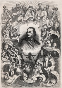 Portrait de Jacques Offenbach (1819-1880), compositeur français et directeur du théâtre des Bouffes Parisiens, entouré de personnages de ses œuvres - Gravure dans « Le Monde Illustré ».