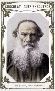 Portrait de Lev Nikolaïevitch, comte Tolstoï (Léon Tolstoï), écrivain russe (1828-1910). Vignette des chocolats Guérin-Boutron