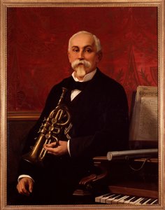 Portrait de Lodovico Bortolotti (19e siècle) musicien italien. Il tient une trompette. Peinture anonyme. 19e siècle. Bologne, Civico museo bibliografico - Unknown artist