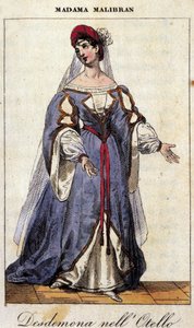 Portrait de Maria Garcia dite la Malibran (1808-1836) chanteuse dans le rôle de Desdémone pour « Othello » (Otello) de Gioachino Rossini. Teatro alla Scala 1833.