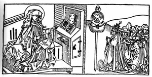 Portrait de Sainte Brigitte de Suède (1103 - 1373). Gravure de «Leben der Heiligen - sommerteil» (Le livre des saints) par Jacobus (Jacques) de Voragine (1228-1298). Lubeck 1488 - Unknown artist