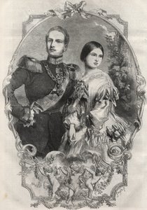 Portrait de leurs altesses royales la princesse Victoria (reine Victoria) et le prince héritier Frédéric-Guillaume de Prusse. Gravure de 1858.