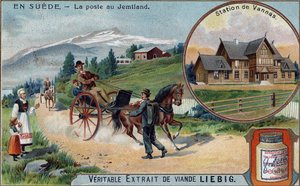 Poste et facteur à Jemtland, Suède. Chromolithographie, image Liebig.