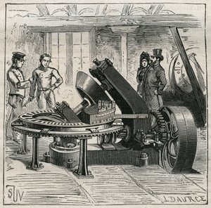 Machine Fleury utilisée pour le moulage mécanique des briques. Gravure de 1885 dans Les arts et métiers illustrés par Adolphe Bitard.