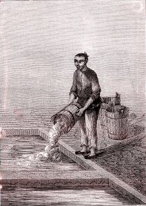 Versement de la chaux dans le bassin, fabrication du papier en Chine (IIIe siècle av. J.-C.) (gravure)