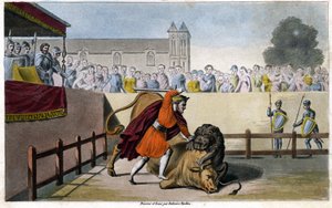 Pépin le Bref abat un lion combattant un taureau - gravure - Unknown artist