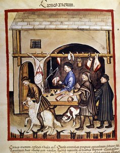 Production et vente (boucherie) de viande de mouton. Un mouton est abattu. Enluminure du "Tacuinum sanitatis"