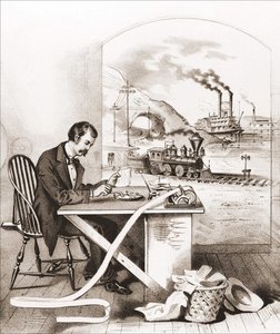 Progrès du siècle (19e siècle) : Télégraphie Morse, bateau à vapeur, train, etc. Gravure du 19e siècle