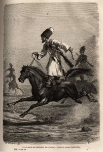 Course de cosaques, montés en équilibre debout sur leur selle, les cavaliers fouettent leurs chevaux pour les faire galoper. Gravure pour illustrer le voyage dans les provinces du Caucase, par Basile Vereschaguine, en 1864-1865, publié dans « Le tour du mo