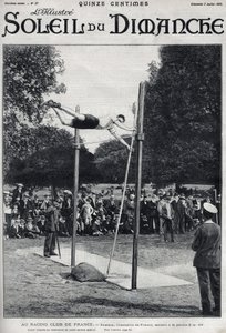 Racing club de France. Sheldon, champion de France, saute 2,95 m à la perche. Gravure dans « Le soleil-du-dimanche », 2 juillet