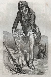 Rage - traitement des morsures faites par un animal enragé - blessé pressant sa plaie - gravure dans "La Santé Universelle - Guide Médical des Familles" 1852