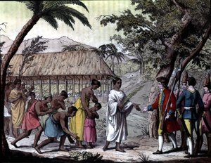 Réception du navigateur Samuel Wallis par la reine Oberea à Tahiti. « Navigations de Cook », Milan
