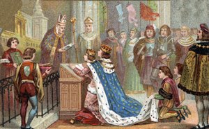 Relation de la Bretagne à la France : Louis XII (1462-1515) épousa Anne de Bretagne (1477-1514). Leur mariage réunit la Bretagne à la France (1499). Chromolithographie de la fin du 19e siècle.