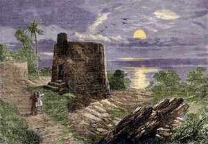 Religion des Farsis (adeptes de Zarathoustra) : le rituel funéraire consiste à placer les corps des défunts dans une tour, la Tour du Silence, où ils sont dévorés par des vautours. Région du Malabar.
