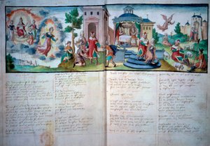 Théâtre religieux : Passion et Résurrection joué à Valenciennes en 1547. Page de manuscrit avec aquarelle, Paris, B.N. - Unknown artist