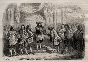 René Duguay-Trouin (1673-1736) recevant la croix de Saint-Louis des mains du roi Louis XIV - gravure dans "Dictionnaire populaire illustré" - 1864