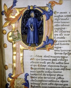 Représentation dans une lettrine du poète Dante Alighieri (1265 - 1321), miniature du 14ème siècle. - Unknown artist