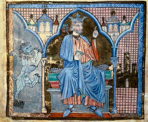Représentation du roi Ferdinand III de Castille ou Saint Ferdinand (1199-1252) Miniature tirée du manuscrit « Index des privilèges royaux » fol. 66 v. 13e siècle Saint-Jacques-de-Compostelle (Santiago de Compostela), archives de la cathédrale - Unknown artist
