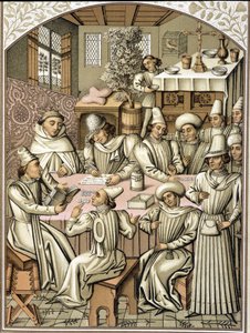 Représentation de fonctionnaires au 14e siècle. Chromolithographie du livre de comptes de la confrérie "Dio e Nostra Signora"