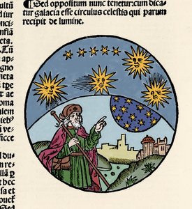Représentation du philosophe grec Aristote (384-322 av. J.-C.) indiquant les étoiles. Gravure du traité de physique « Textus abbreviatus Aristotelis super octo liris Phisicorum & tota naturalis philosophia » par Thomas Bricot (d. 1516). 1496