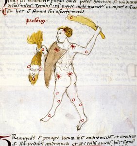 Représentation de la constellation du Bouvier (Botes) Le chasseur Botes tient les cheveux de Bérénice dans sa main. Miniature de « Astronomica » par Biasino da Parma (Blaise de Parme) (1425-1457) - Unknown artist