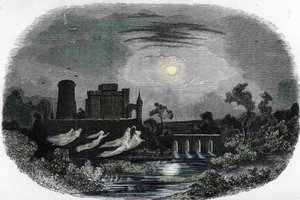 Représentation des fantômes des anciens seigneurs de Blandy volant autour des murs du château, Blandy-les-Tours, Seine-et-Marne - Unknown artist