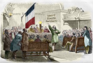 Révolution de 1848 : réunion du Club Républicain à Paris en 1848. Le mur lit la devise républicaine "liberté, égalité, fraternité". (Réunion dans un club républicain). Gravure du 19ème siècle.