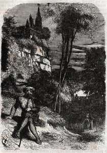 Rodomont, Isabella et le vieil ermite - gravure de 1851 de « Roland furieux » (Orlando furioso) (16ème siècle) par Ludovico Ariosto, dit l