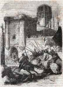 Rodomont brise les portes du Palais à Paris - gravure de 1851 de « Roland furieux » (Orlando furioso) (16ème siècle) par Ludovico Ariosto, dit l