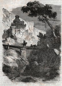 Rodomont vaincu par Bradamante - gravure de 1851 de "Roland furieux" (Orlando furioso) (16ème siècle) par Ludovico Ariosto, dit l