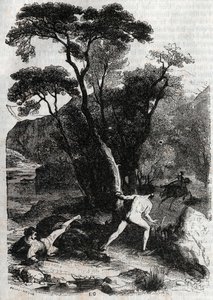 Roland poursuivant Angélique - gravure de 1851 de "Roland furieux" (Orlando furioso) (16ème siècle) par Ludovico Ariosto, dit l