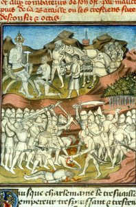 La mort de Roland. Charlemagne envoie ses chevaliers au combat; le chevalier Roland est tué à la bataille de Roncevaux (778) - Miniature du Moyen Âge