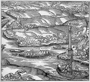 Gaule romaine : un monument construit par les marins parisiens sous le règne de Tibère, à la confluence de la Seine et de la Marne. Gravure dans "La Marine et les colonies : commerce"