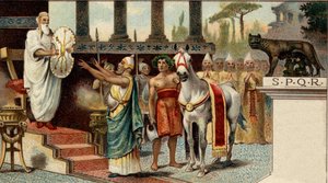 Système politique romain. Le roi : Numa Pompilius, roi légendaire de Rome, confiant le bouclier sacré aux prêtres saliens. Chromolithographie de la fin du XIXe siècle.