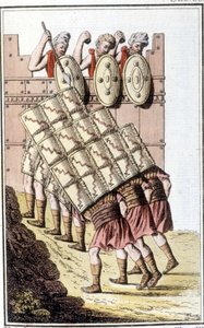 Soldats romains (légion romaine) manœuvrant et se défendant avec leurs boucliers. Gravure du début du 19ème siècle