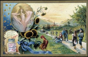 Coq chantant le lever du soleil - chromo. Liebig, début XXe siècle