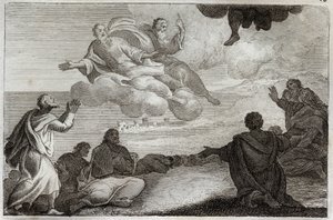 Bible de Royaumont, Nouveau Testament : Ascension de Jésus-Christ. Le Christ est emporté au ciel et bénit les apôtres avant de disparaître dans un nuage. Illustration de 1811.