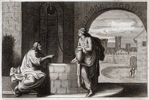 Bible de Royaumont, Nouveau Testament : Christ et la Samaritaine au puits. Jésus-Christ convertit une femme samaritaine. Illustration de 1811.