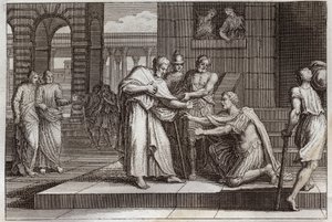 Bible de Royaumont, Nouveau Testament : Cornelius baptise. Le centurion reçoit la foi de Jésus-Christ, et est baptisé par Saint Pierre. Illustration de 1811.