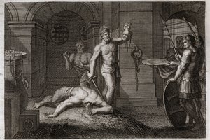 Bible de Royaumont, Nouveau Testament : Décollation de Saint Jean-Baptiste. On met sa tête sur un plateau. Illustration de 1811.
