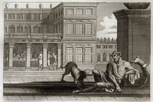Bible de Royaumont, Nouveau Testament : Parabole du riche mauvais représenté à table au fond et Lazare le mendiant, dont les chiens du riche lèchent les plaies. Illustration de 1811.