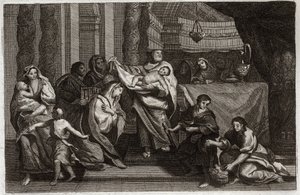 Bible de Royaumont, Nouveau Testament : Purification de la Vierge ou présentation au Temple. La Sainte Famille offre Jésus-Christ au Temple et le donne à Symeon (ou Siméon ou Simon). Une femme tient deux colombes dans un panier. Illustration de 1811 - Unknown artist