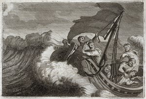 Bible de Royaumont, Nouveau Testament : Tempête apaisée. Les apôtres sont surpris par une tempête, Jésus-Christ qui dormait dans leur bateau se réveille et calme la mer de Galilée. Illustration de 1811.