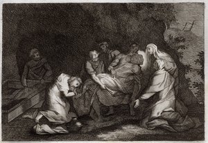Bible de Royaumont, Nouveau Testament : Tombeau. Sépulcre de Jésus-Christ. Parmi les personnages entourant le corps de Jésus-Christ : la Vierge Marie, Saint Nicodème, Saint Joseph d